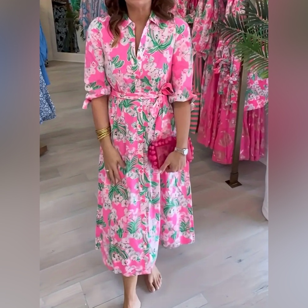 Floral Pink and Green Dress Large